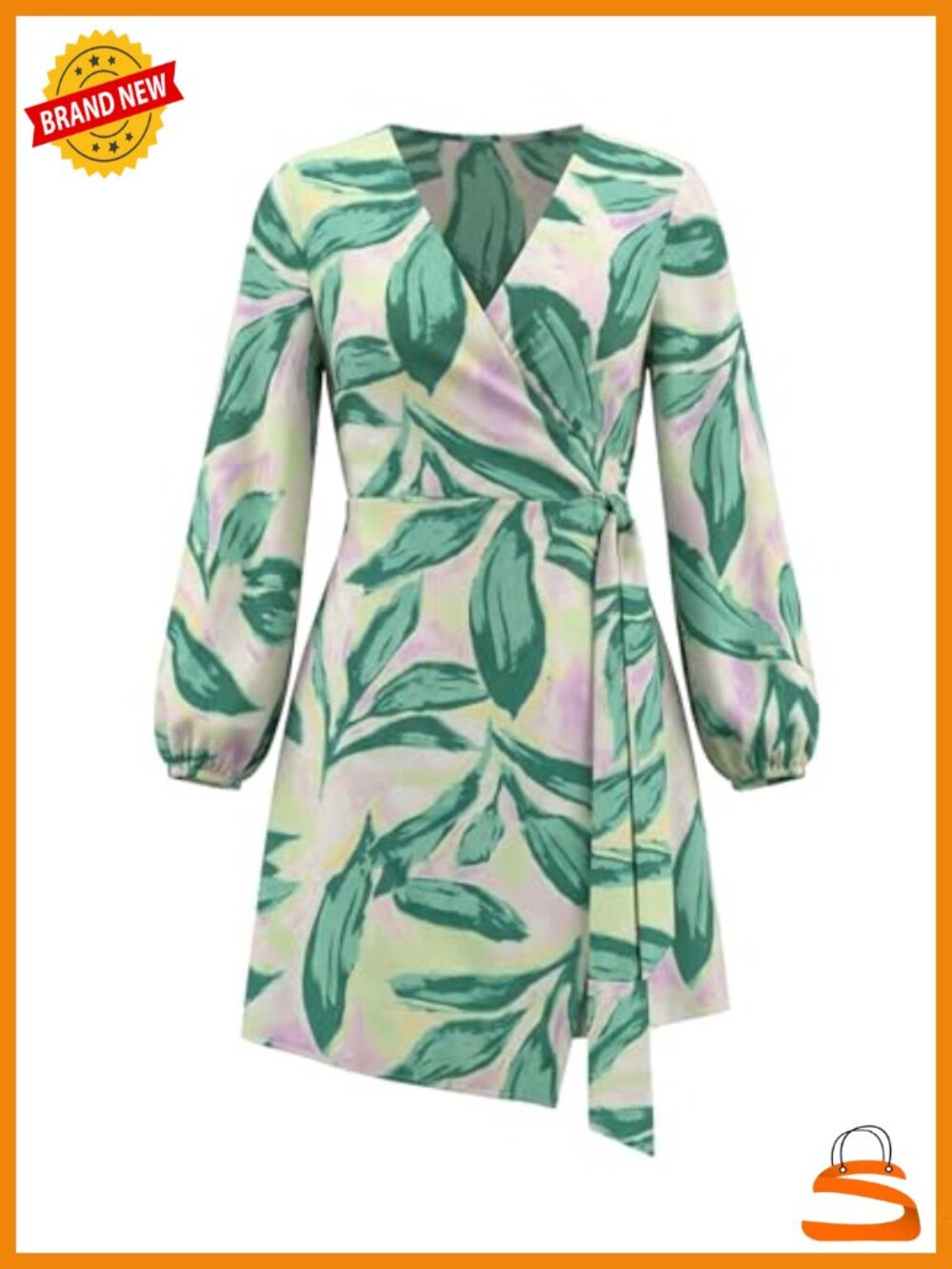 Women's Satin Wrap V Neck Puff Sleeve Midi Dress with Tie Waist
